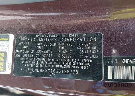 2016 Kia Sedona Lx z USA, uszkodzony, nr VIN KNDMB5C16G6128778